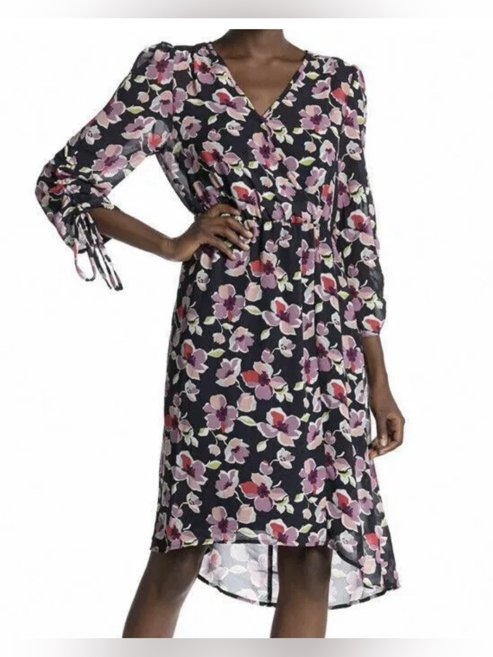 BOBEAU Black Floral High-Low V-Neck Midi Dress Pink & White Flowers SIZE L New